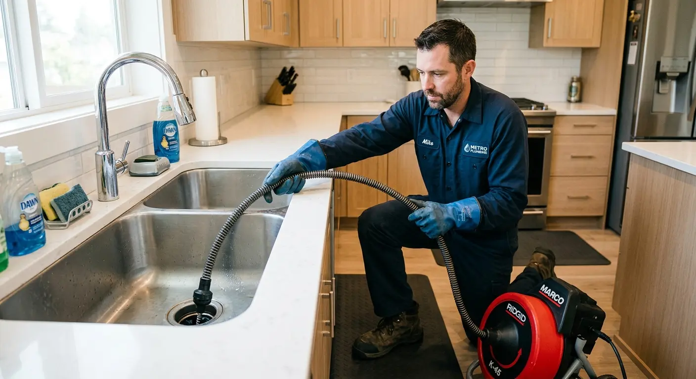 Drain cleaning technician using a motorized snake on a kitchen sink in Hickory Creek