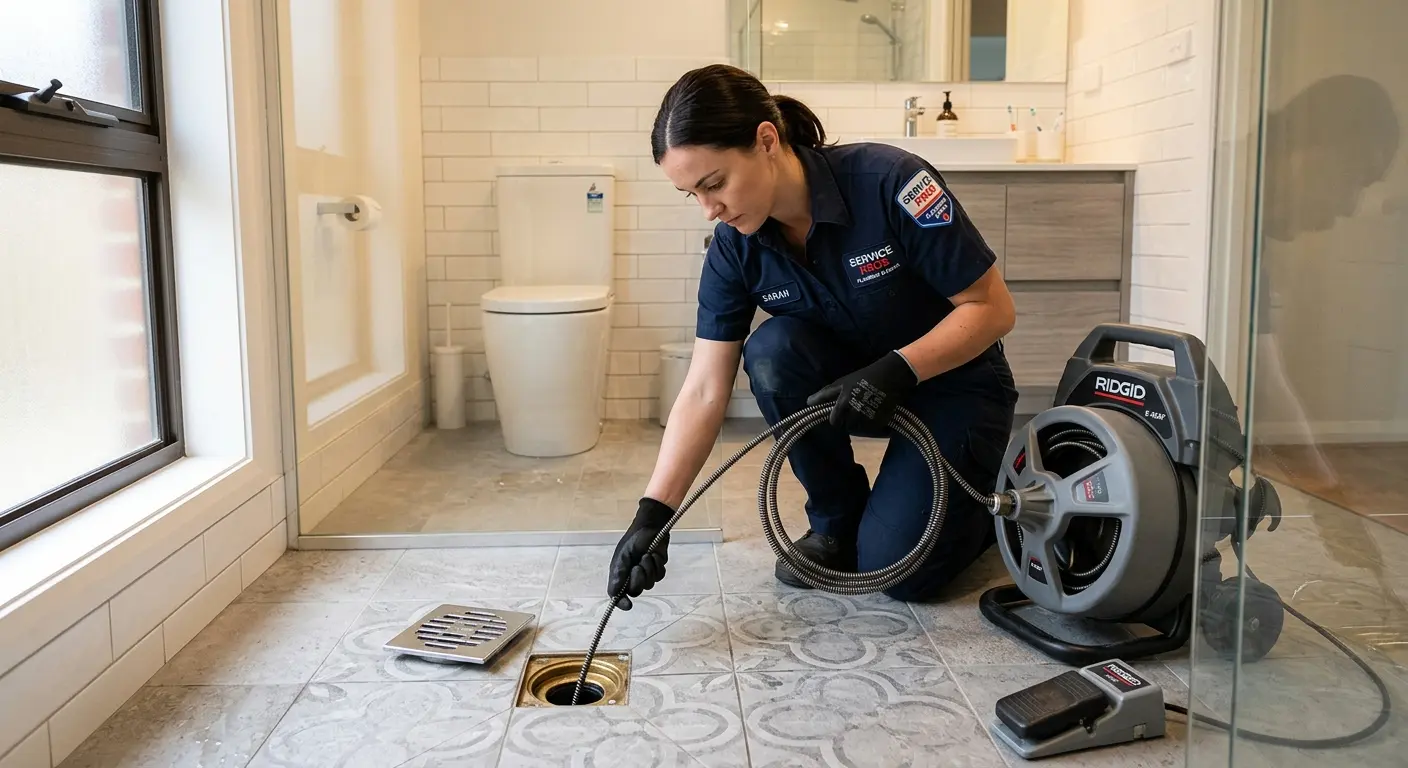 Technician clearing a bathroom floor drain for Sewer Line Replacement in Hickory Creek